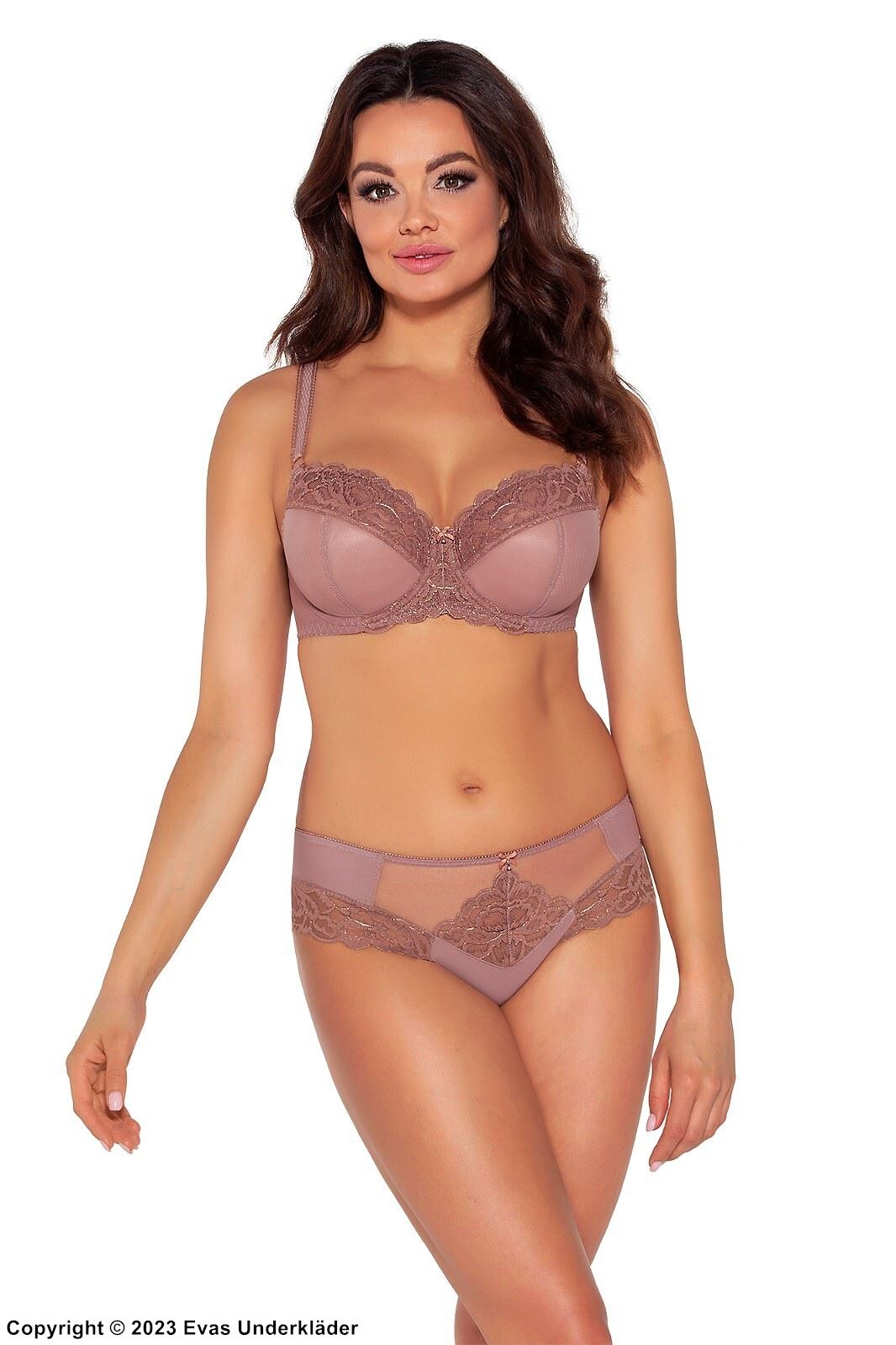 Soft cup bra, lace trim, mesh inlay, B to L-cup